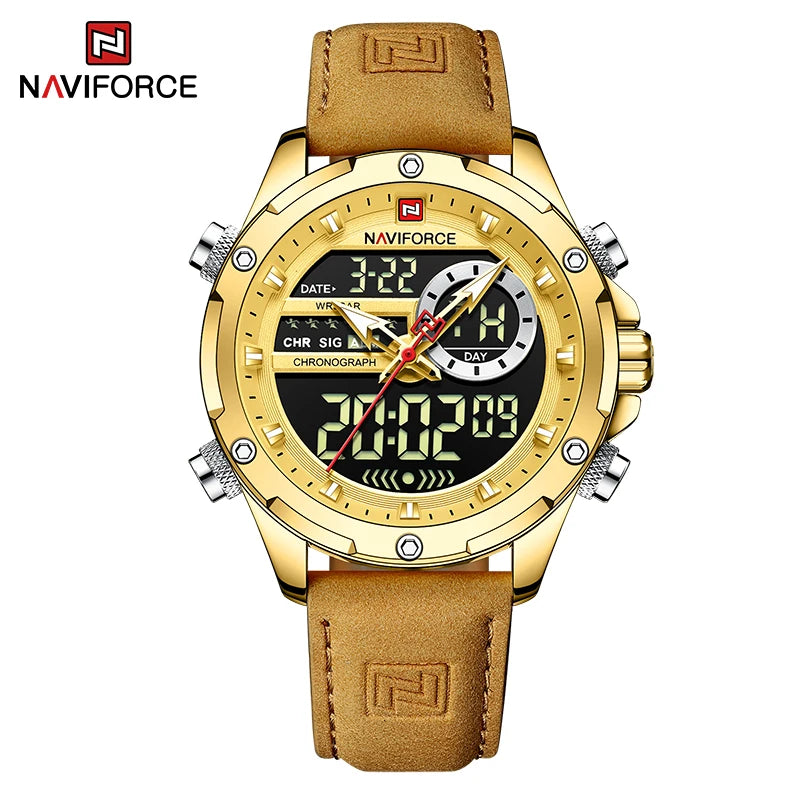 NAVIFORCE – Montres de mode pour homme, bracelet en cuir véritable, décontracté, militaire, étanche, chronographe numérique, mouvement à quartz, alarme