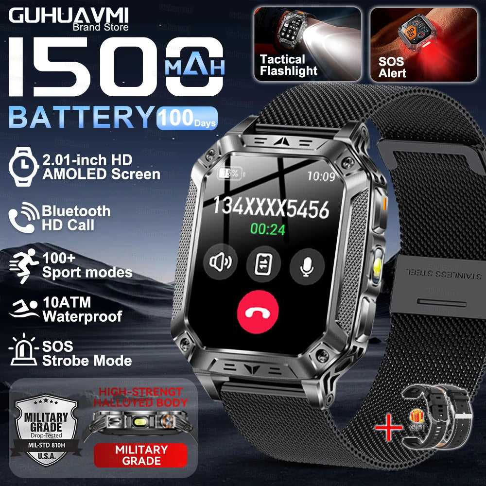 Montre Intelligente Militaire Homme 1500mAh Longue Autonomie Sport Extérieur Montre Connectée Homme Étanche 10ATM Fréquence Cardiaque Appel BT Grande Batterie