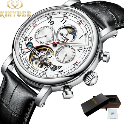 KINYUED Luxury Watches for Men Automatic Mechanical Moon Phase Men Watches Hollow Design Leather Strap Male Business Wristwatch