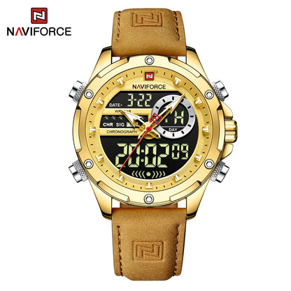 NAVIFORCE Montre-bracelet de luxe originale pour hommes, double fuseau horaire, sport, décontractée, chronographe, alarme, quartz, bracelet en cuir, étanche