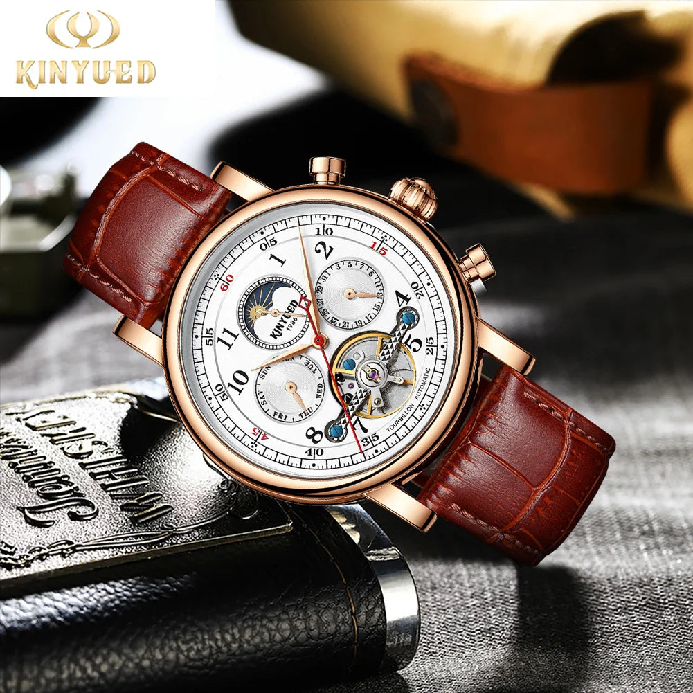 KINYUED Luxury Watches for Men Automatic Mechanical Moon Phase Men Watches Hollow Design Leather Strap Male Business Wristwatch