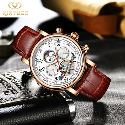 KINYUED Luxury Watches for Men Automatic Mechanical Moon Phase Men Watches Hollow Design Leather Strap Male Business Wristwatch