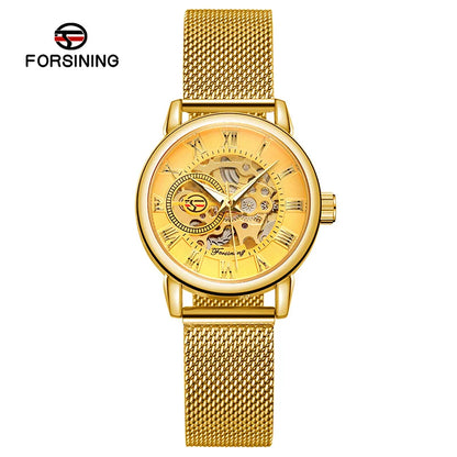 Forsining 099L Montre squelette élégante et tendance pour femmes, nouvelles montres-bracelets mécaniques de luxe en or rose pour dames