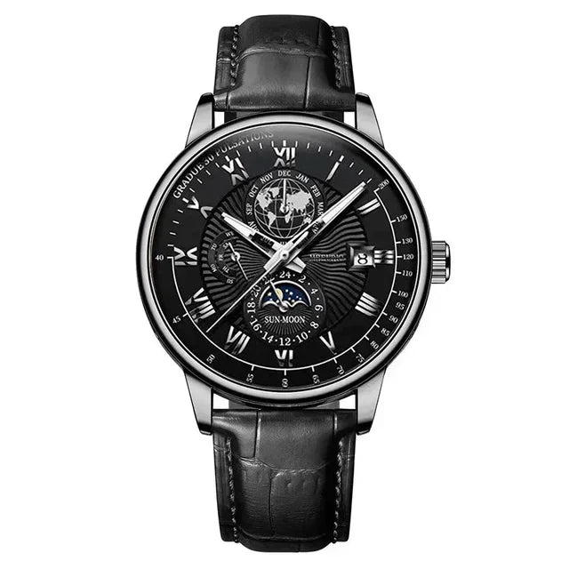 Men's leather strap watch with date display and luminous dial
