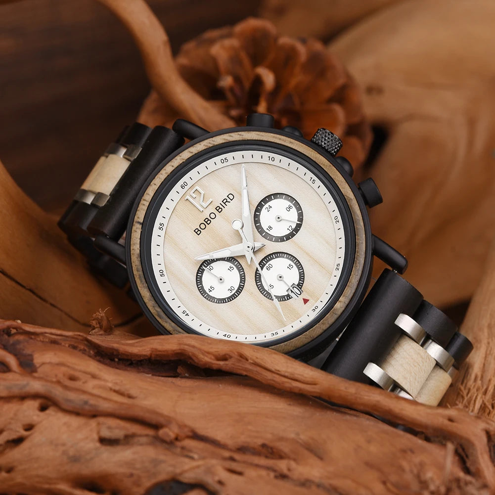 Relogio Masculino BOBO BIRD Montre Homme en Bois de Marque de Luxe Élégante Chronographe Militaire dans une Boîte en Bois reloj hombre