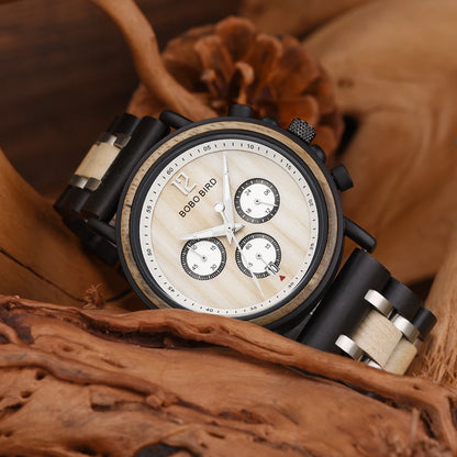 Relogio Masculino BOBO BIRD Montre Homme en Bois de Marque de Luxe Élégante Chronographe Militaire dans une Boîte en Bois reloj hombre