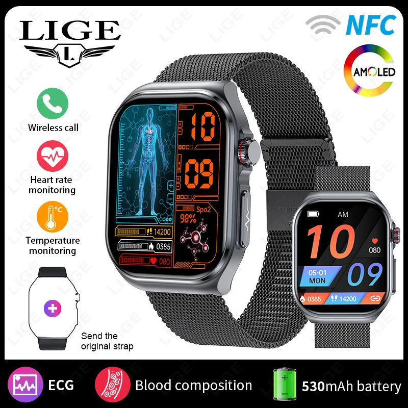 Montre intelligente LIGE AMOLED ET585 pour hommes avec ECG, surveillance de la composition sanguine, appels Bluetooth, suivi de la condition physique pour femmes, smartwatch.