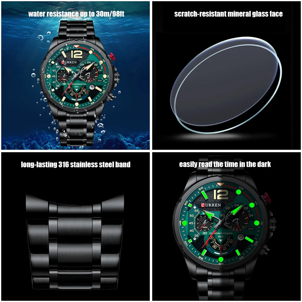 CURREN Montre à quartz mode homme, décontractée, sport, avec cadran chronographe en acier inoxydable et aiguilles lumineuses