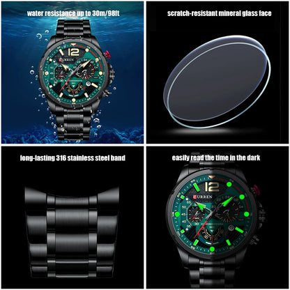CURREN Montre à quartz mode homme, décontractée, sport, avec cadran chronographe en acier inoxydable et aiguilles lumineuses