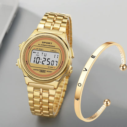Montre électronique LED décontractée pour femmes, montre numérique LED rétro à bracelet en acier inoxydable pour dames, montre-bracelet de sport multifonction