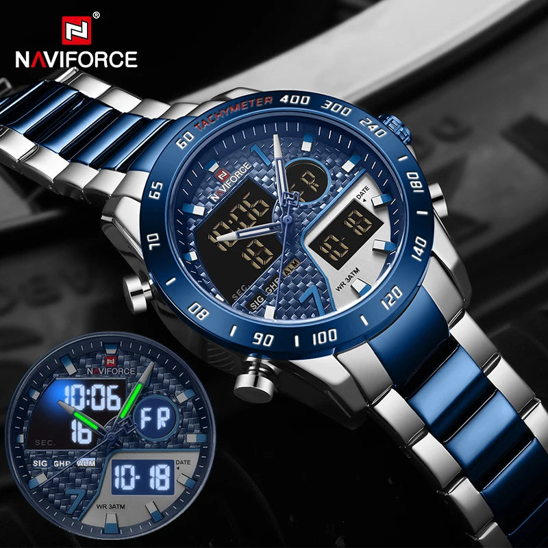 NAVIFORCE Montre-bracelet de luxe pour homme, montres de sport militaires numériques pour homme, bracelet en acier, horloge à quartz, Relogio Masculino
