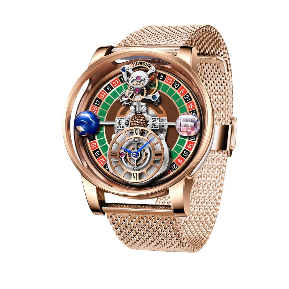 HAEMMER Celestial Roulette watch with transparent hollow dial and leather strap