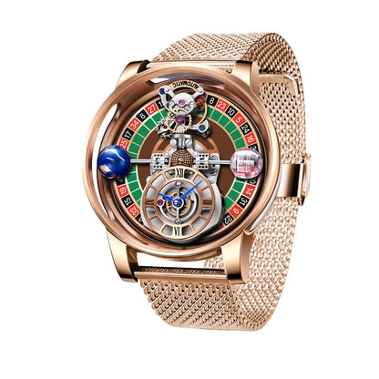 HAEMMER Celestial Roulette watch with transparent hollow dial and leather strap