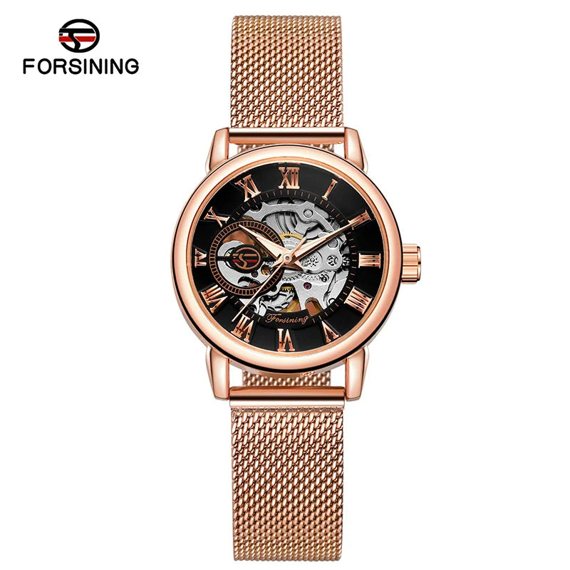 Forsining 099L Montre squelette élégante et tendance pour femmes, nouvelles montres-bracelets mécaniques de luxe en or rose pour dames