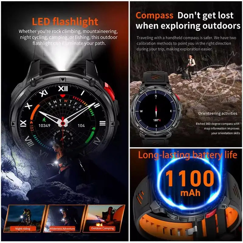 2026 New 1100mAh Ultra Durable Smart Watch Men Outdoor Military GPS Compass 10ATM Waterproof HD Bluetooth Call Sports Smartwatch
