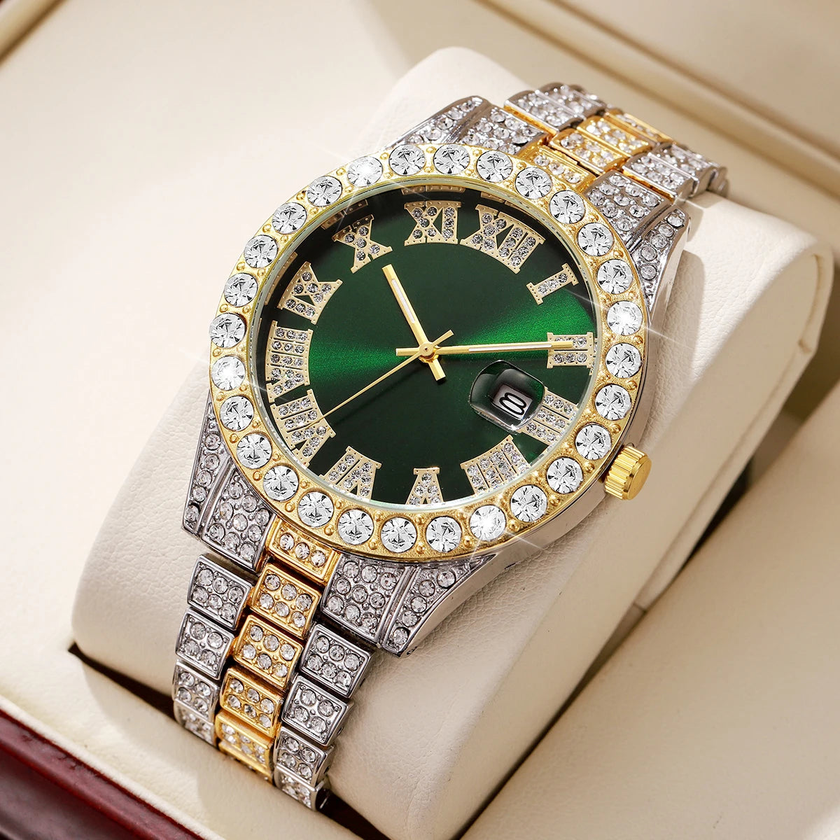 Montre à Quartz de Luxe Entièrement Diamantée pour Homme, Montre-Bracelet à Quartz Masculine Tendance avec Calendrier et Bracelet en Acier Inoxydable, Horloge de Date Reloj Hombre