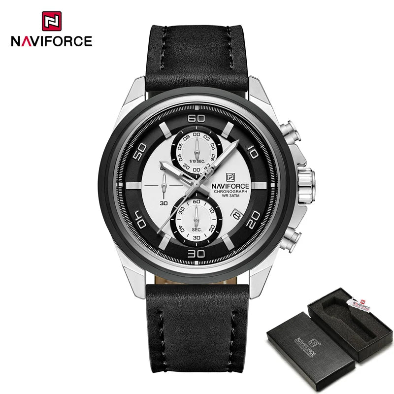 Montre homme décontractée NAVIFORCE Résistante à l'eau 3 ATM, calendrier, cadran lumineux avec bracelet en cuir, cadeau, design original