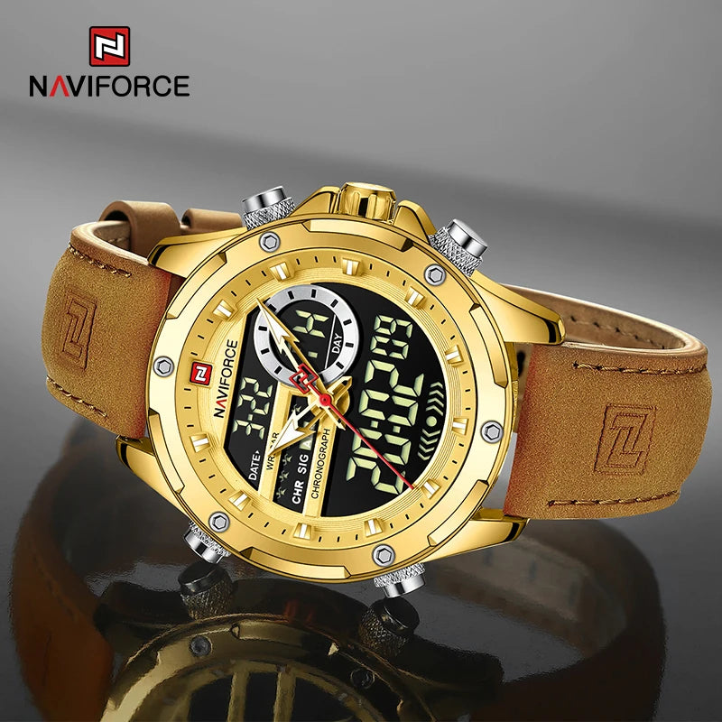 NAVIFORCE Marque Classique Homme Cuir Véritable Étanche Montre-Bracelet Sports Décontracté Mâle Quartz Numérique Militaire Chronographe Horloges