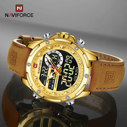 NAVIFORCE Marque Classique Homme Cuir Véritable Étanche Montre-Bracelet Sports Décontracté Mâle Quartz Numérique Militaire Chronographe Horloges