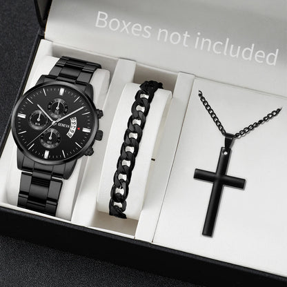 3 pièces/ensemble Montre à bracelet en acier inoxydable pour hommes, mode, montre-bracelet décontractée à quartz avec calendrier, ensemble de bijoux (sans boîte)
