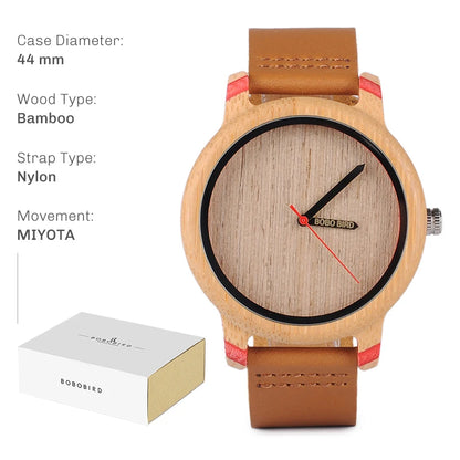 Montre en bois unisexe BOBO BIRD pour hommes et femmes, légère, fabriquée à la main, à quartz, personnalisée en bambou