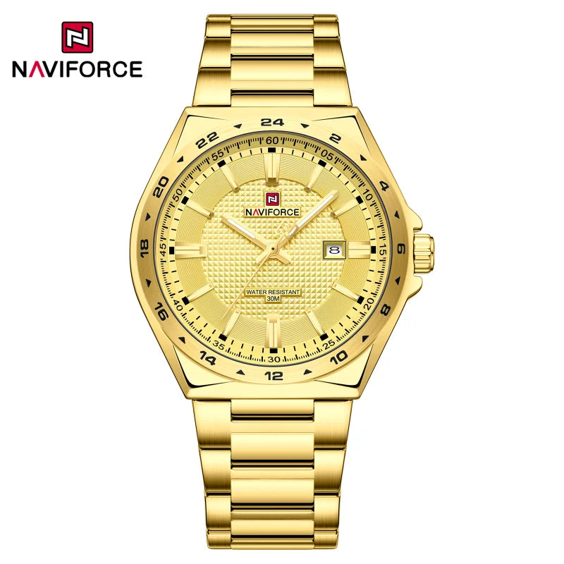 Montres de sport étanches NAVIFORCE 3 ATM pour hommes - Montre-bracelet à quartz de luxe en acier inoxydable avec affichage lumineux de la date