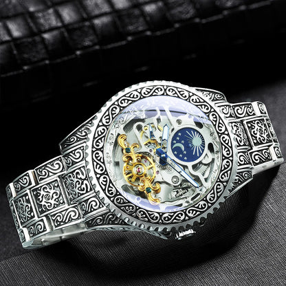 Montre Mécanique Squelette de Luxe Forsining Or Phase de Lune Rétro Gravée Lumineuse Tourbillon Automatique pour Homme Bracelet en Acier