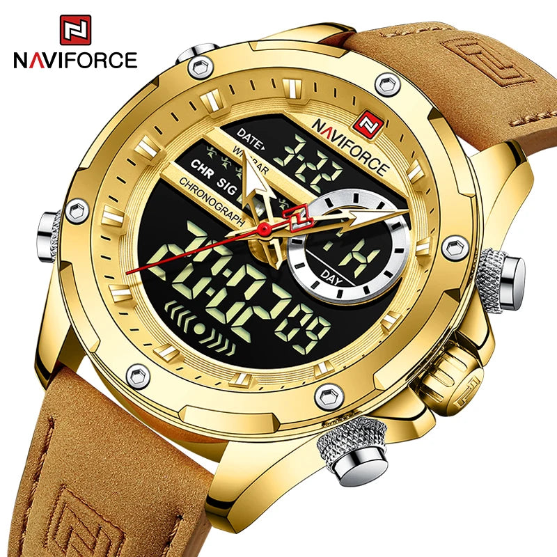 NAVIFORCE Marque Classique Homme Cuir Véritable Étanche Montre-Bracelet Sports Décontracté Mâle Quartz Numérique Militaire Chronographe Horloges