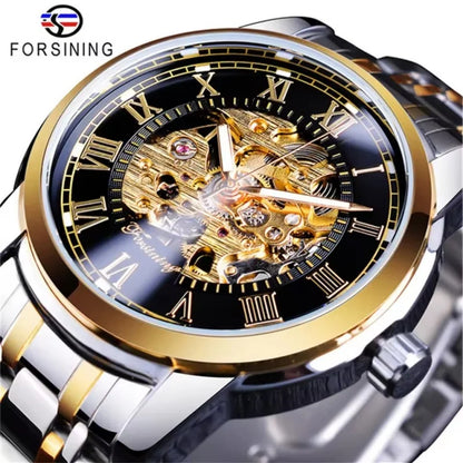 Forsining 349 Montre mécanique pour homme, boîtier rond, squelette, acier inoxydable, argenté et noir, montres-bracelets manuelles pour homme
