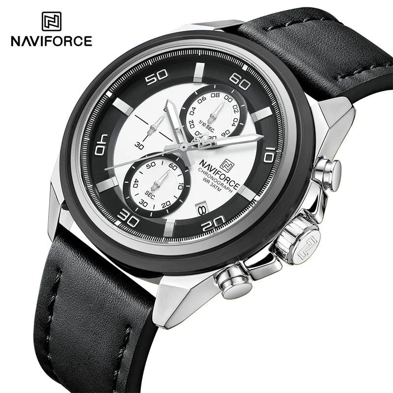 Montre homme décontractée NAVIFORCE Résistante à l'eau 3 ATM, calendrier, cadran lumineux avec bracelet en cuir, cadeau, design original