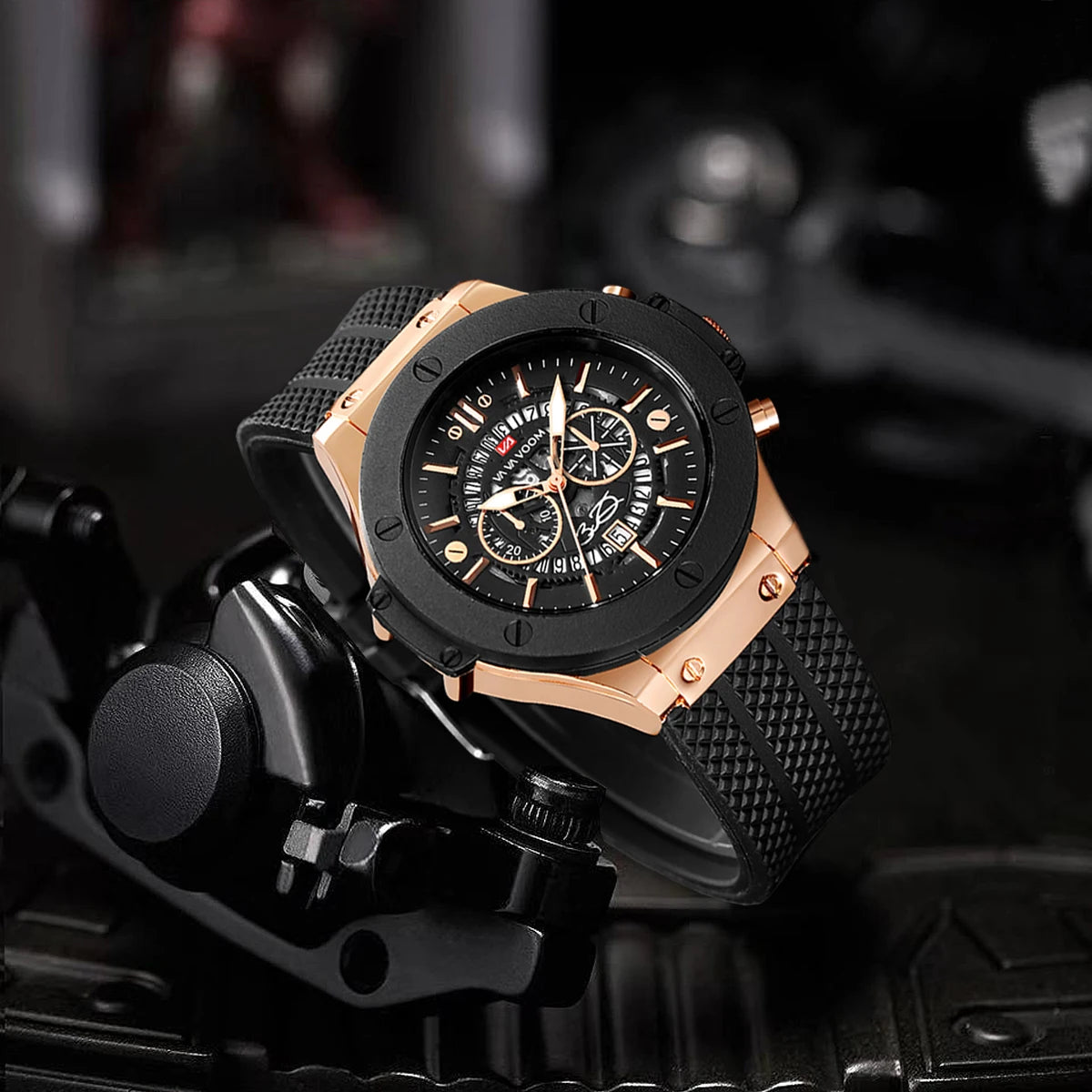 Montre Sport Homme en Silicone Noir, Grand Cadran Creux de 46 mm, Style Militaire Tendance Or Rose, Mouvement à Quartz Original