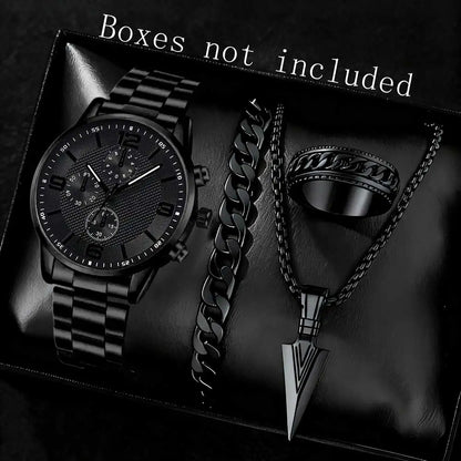 2/4PCS Men's Watch Set Business Trend Fashion Classic Three Eye Quartz Watch Bracelet Necklace Ring Set Perfect Gift