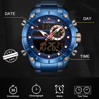 NAVIFORCE Montre-bracelet de luxe pour homme, montres de sport militaires numériques pour homme, bracelet en acier, horloge à quartz, Relogio Masculino