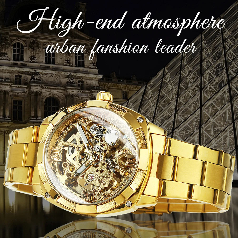 Forsining Square Gold Skeleton Automatic Men Watch Engraved Movement Luminous Hands Mechanical Watches Luxury Stainless Steel