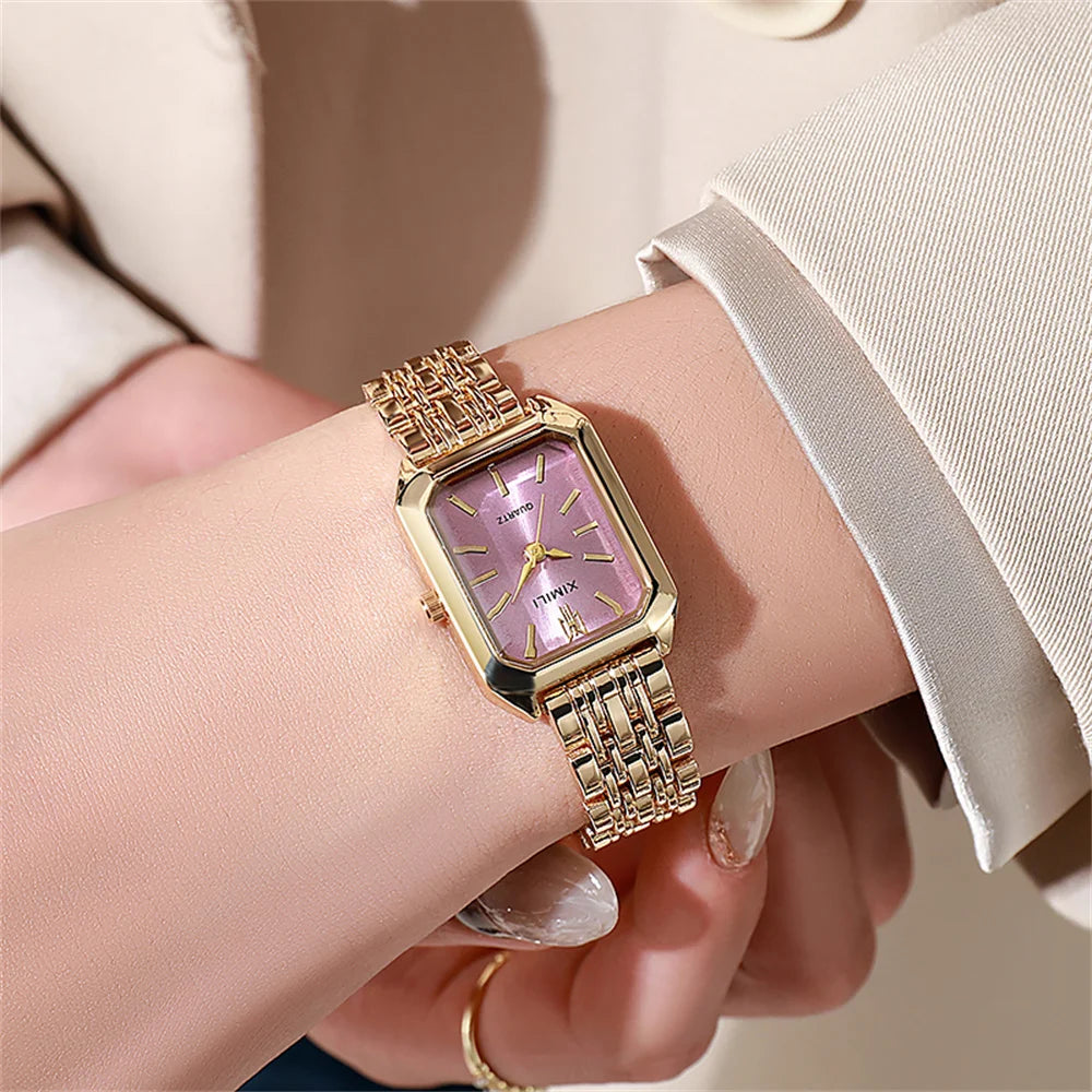 Montre à quartz de luxe pour femme, mode, cadran simple, carré, plaqué or de qualité, montre-bracelet d'affaires en acier inoxydable avec boucle déployante