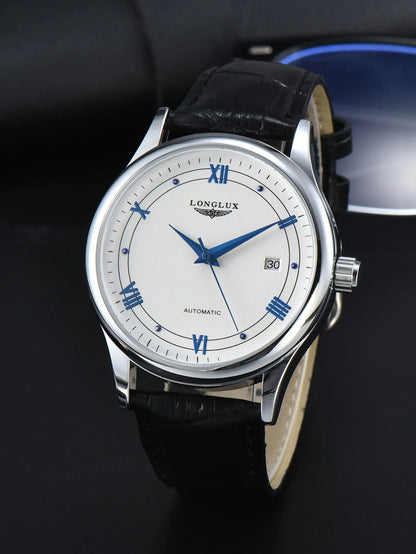 Automatic mechanical watch with date display and leather strap