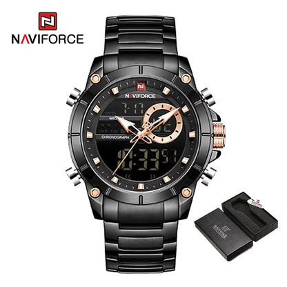 NAVIFORCE 9163 Montre-bracelet de sport de luxe originale pour hommes, mouvement à quartz, étanche en acier, double affichage, montres militaires Relogio Masculino