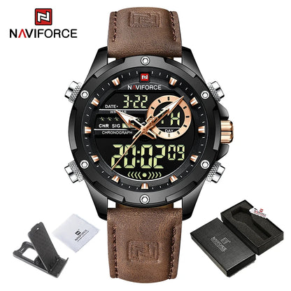 NAVIFORCE Nouvelles montres homme en cuir véritable, mouvement à quartz, chronographe, marque de luxe, lumineuses, analogiques, numériques, pour homme