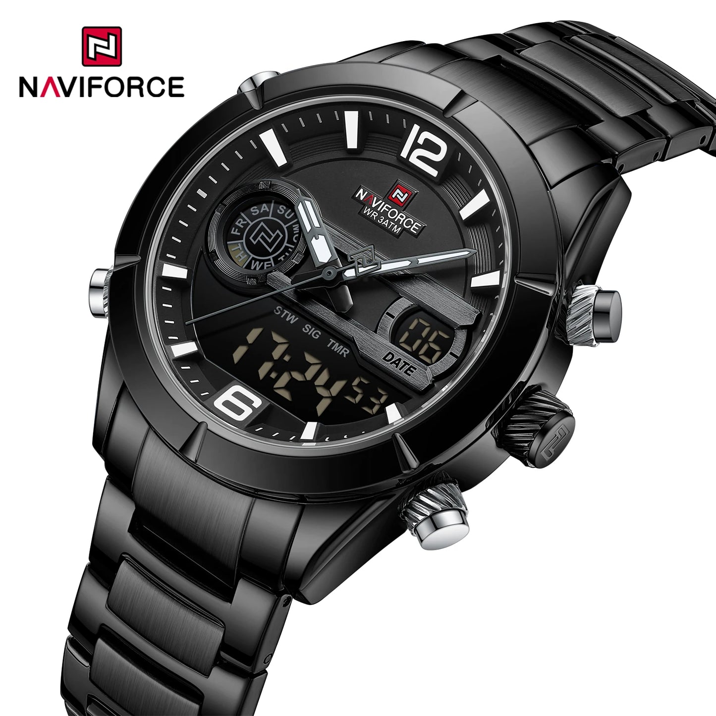 Montre de sport militaire de luxe NAVIFORCE pour hommes, lumineuse, étanche, bracelet en acier, affichage double numérique à quartz, montre-bracelet masculine.