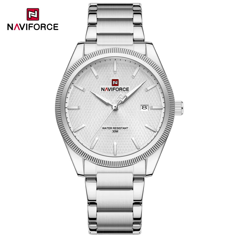 Montre tendance NAVIFORCE pour hommes, montre-bracelet à quartz de luxe pour affaires, bracelet en acier inoxydable, étanche, lumineuse, avec calendrier