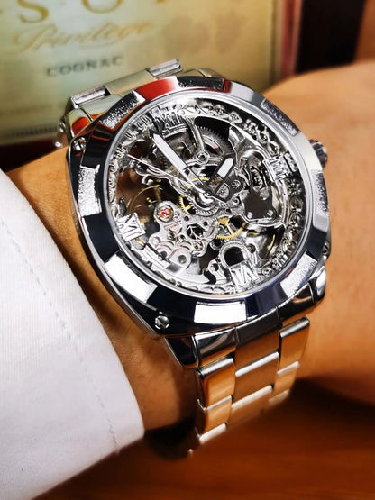 Forsining Square Skeleton Mechanical Watches Luxury Engraved Movement Retro Automatic Watch for Men Steel Strap Luminous Hands