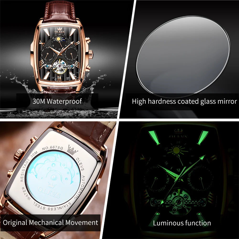 OLEVS 6675 Montre automatique originale pour homme, marque de luxe, cadran carré, phase de lune, volant ajouré, montre-bracelet mécanique pour homme
