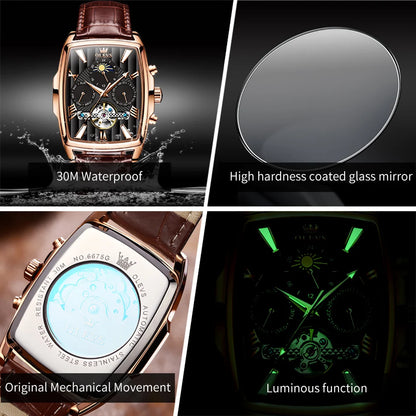 OLEVS 6675 Montre automatique originale pour homme, marque de luxe, cadran carré, phase de lune, volant ajouré, montre-bracelet mécanique pour homme