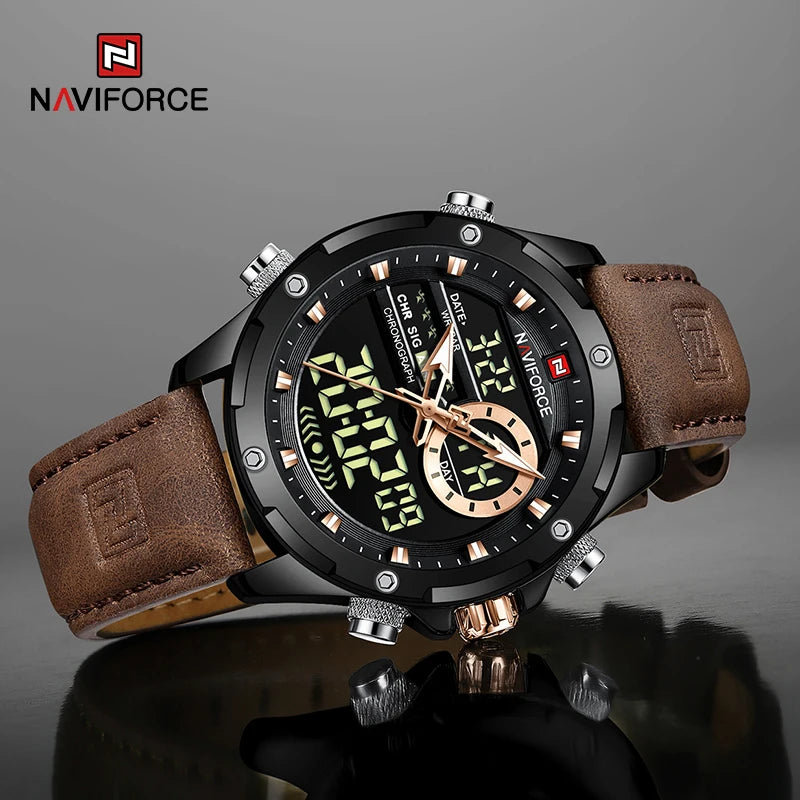 NAVIFORCE Nouvelles montres homme en cuir véritable, mouvement à quartz, chronographe, marque de luxe, lumineuses, analogiques, numériques, pour homme