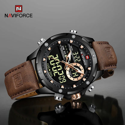 NAVIFORCE Nouvelles montres homme en cuir véritable, mouvement à quartz, chronographe, marque de luxe, lumineuses, analogiques, numériques, pour homme