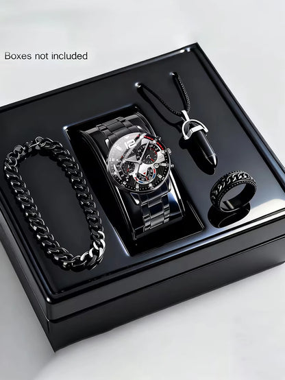 Ensemble Montre Tendance Quartz Homme avec Bracelet Collier Bague Fonction Calendrier Cadeau d'Anniversaire Sans Boîte