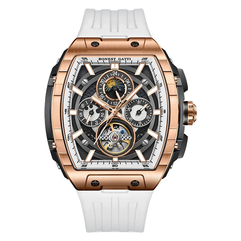BONEST GATTI Montre Automatique Homme 47 mm Tonneau Mécanique Étanche Saphir Lumineux Multi-Cadrans Jour Date 24 Heures