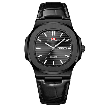 Montre Homme en Cuir Noir Boîtier Ovale Classique Argenté 40mm Double Calendrier Mouvement Quartz Étanche 3 ATM Montre Décontractée Sport pour Homme