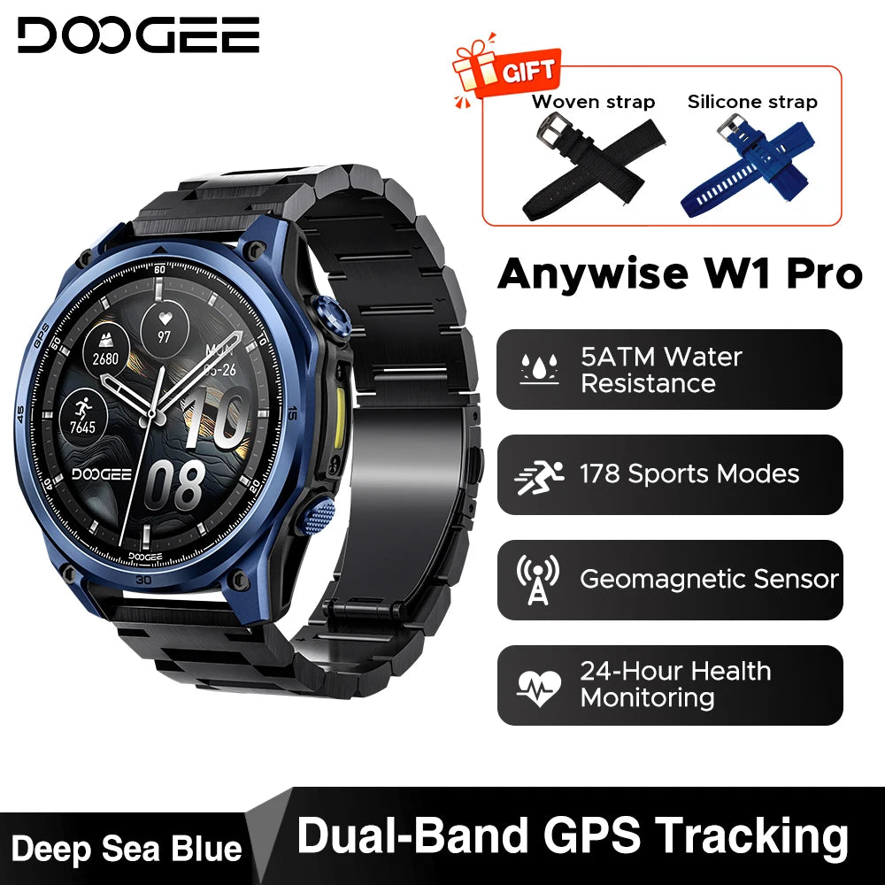Smartwatch DOOGEE ANYWISE W1 PRO 1,43'' Résistance à l'eau 5ATM 178 modes sportifs Suivi de la santé Capteur géomagnétique Cartes hors ligne