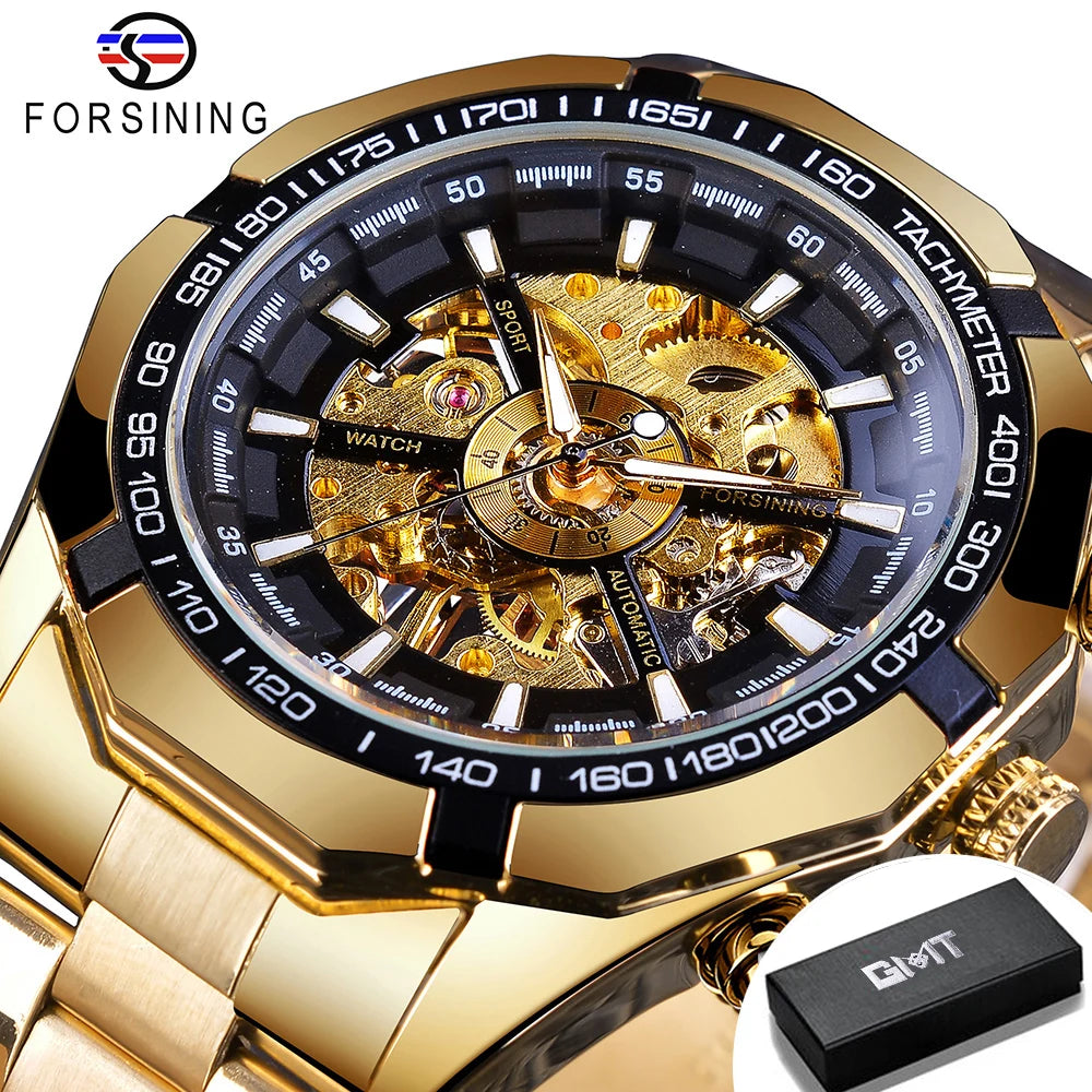 Forsining 2025 Montres Homme Squelette en Acier Inoxydable Étanche Marque de Luxe Transparente Mécanique Sport Montres-bracelets pour Hommes